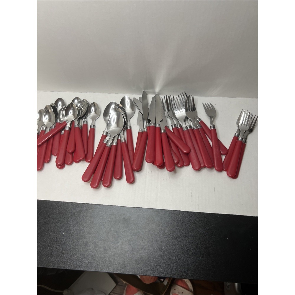 45 Piece Red Handle Flatware Utensils Kitchenware Stainless Camping
